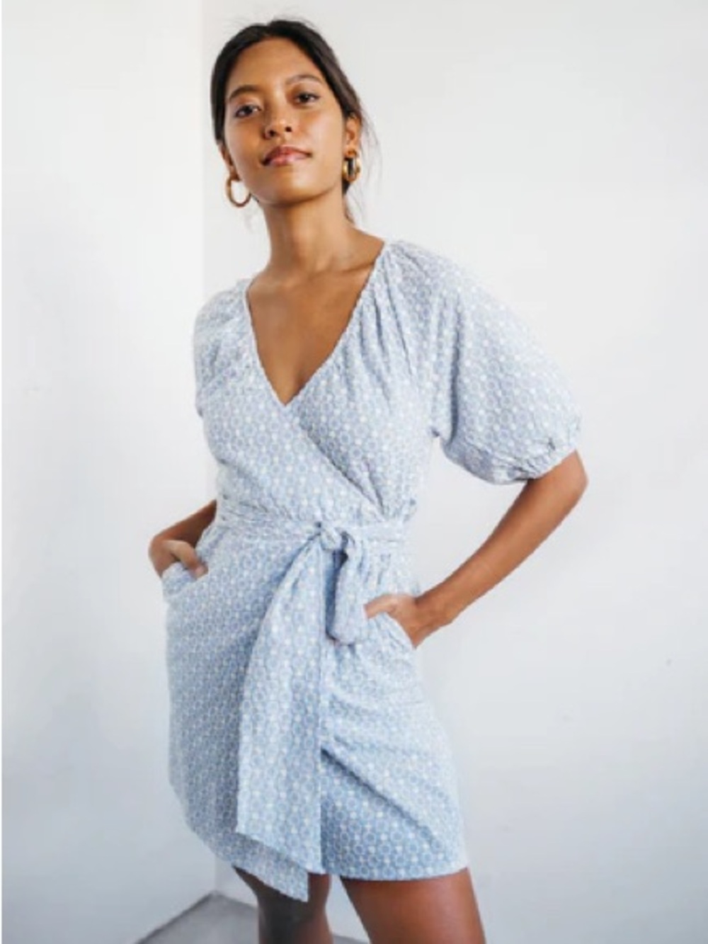 Minkpink Blue Vale Mini Dress - puff sleeve wrap dress eyelet tie coastal
